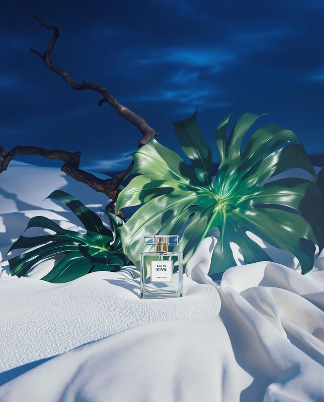 a bottle of perfume sitting on top of a white blanket