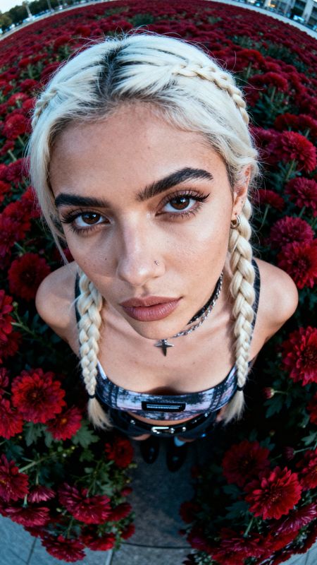 a woman with blonde hair and braids in a flower pot