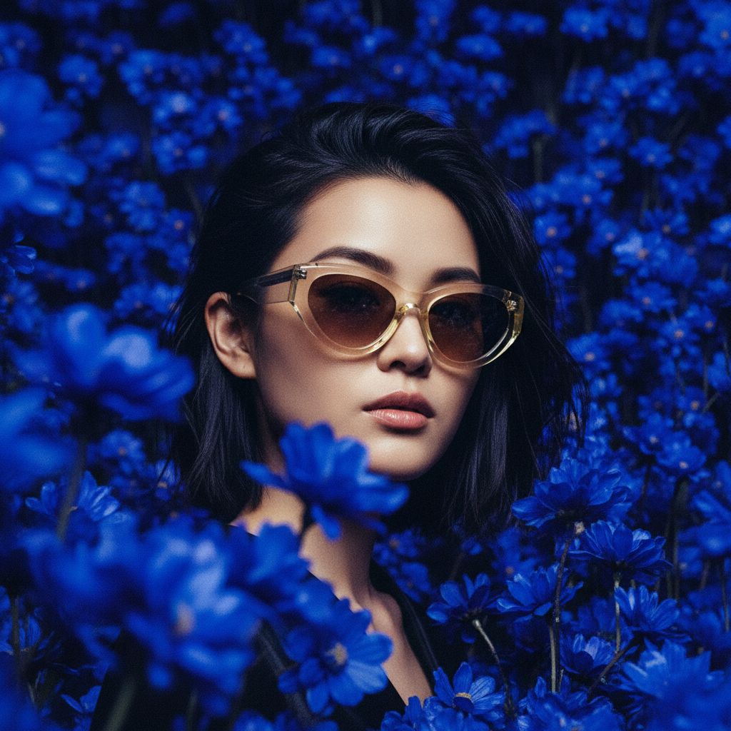 a woman wearing sunglasses in a field of blue flowers