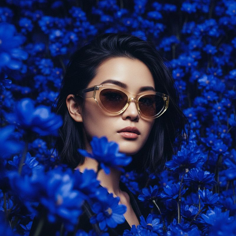a woman wearing sunglasses in a field of blue flowers