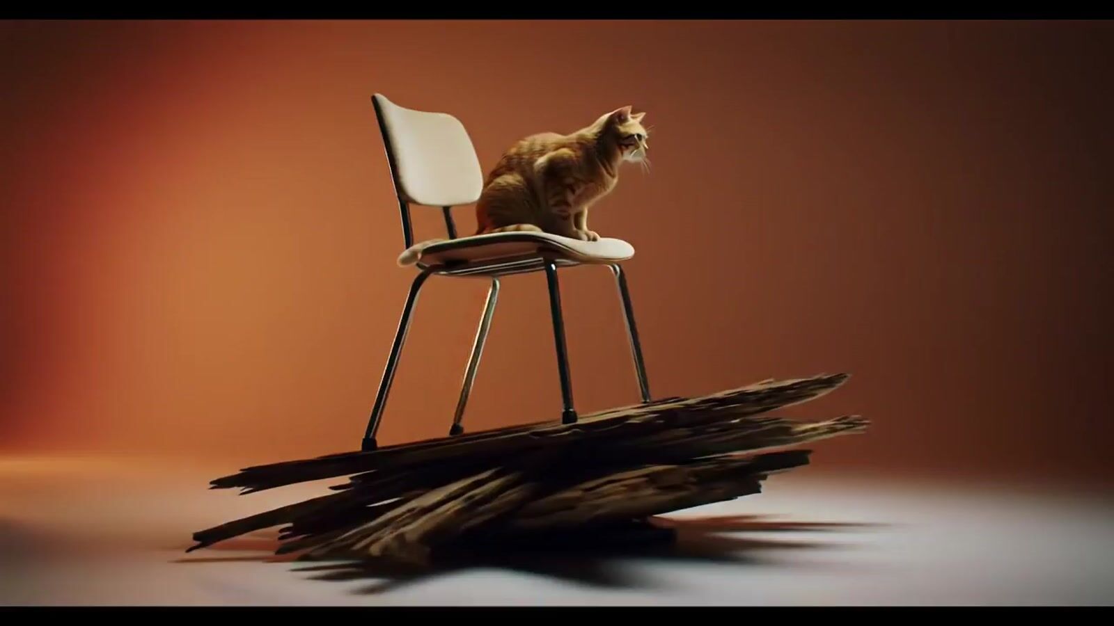a cat sitting on top of a chair on top of a pile of wood