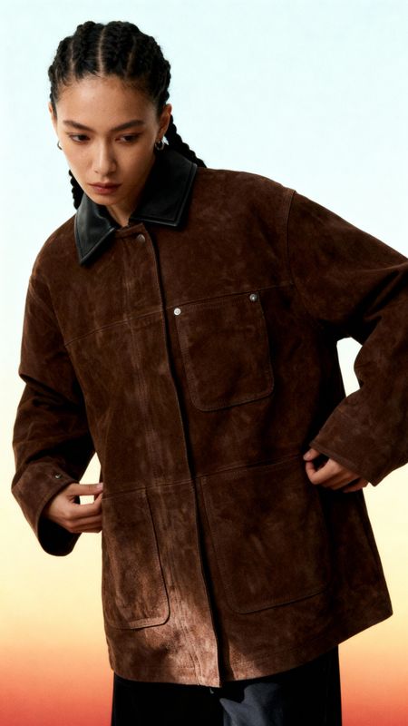 a woman in a brown jacket is standing with her hands on her hips