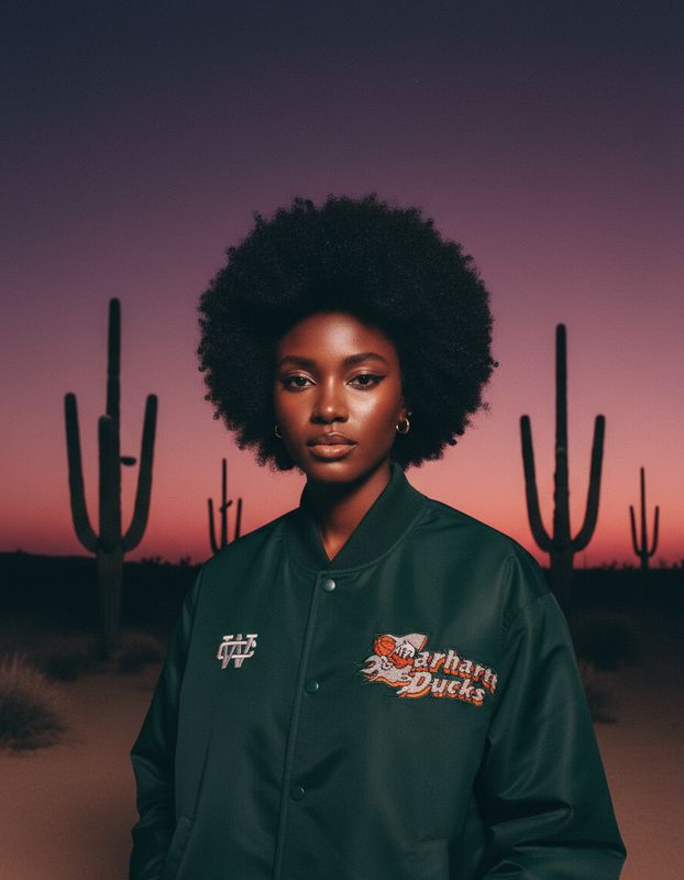 a woman with an afro standing in front of a cactus