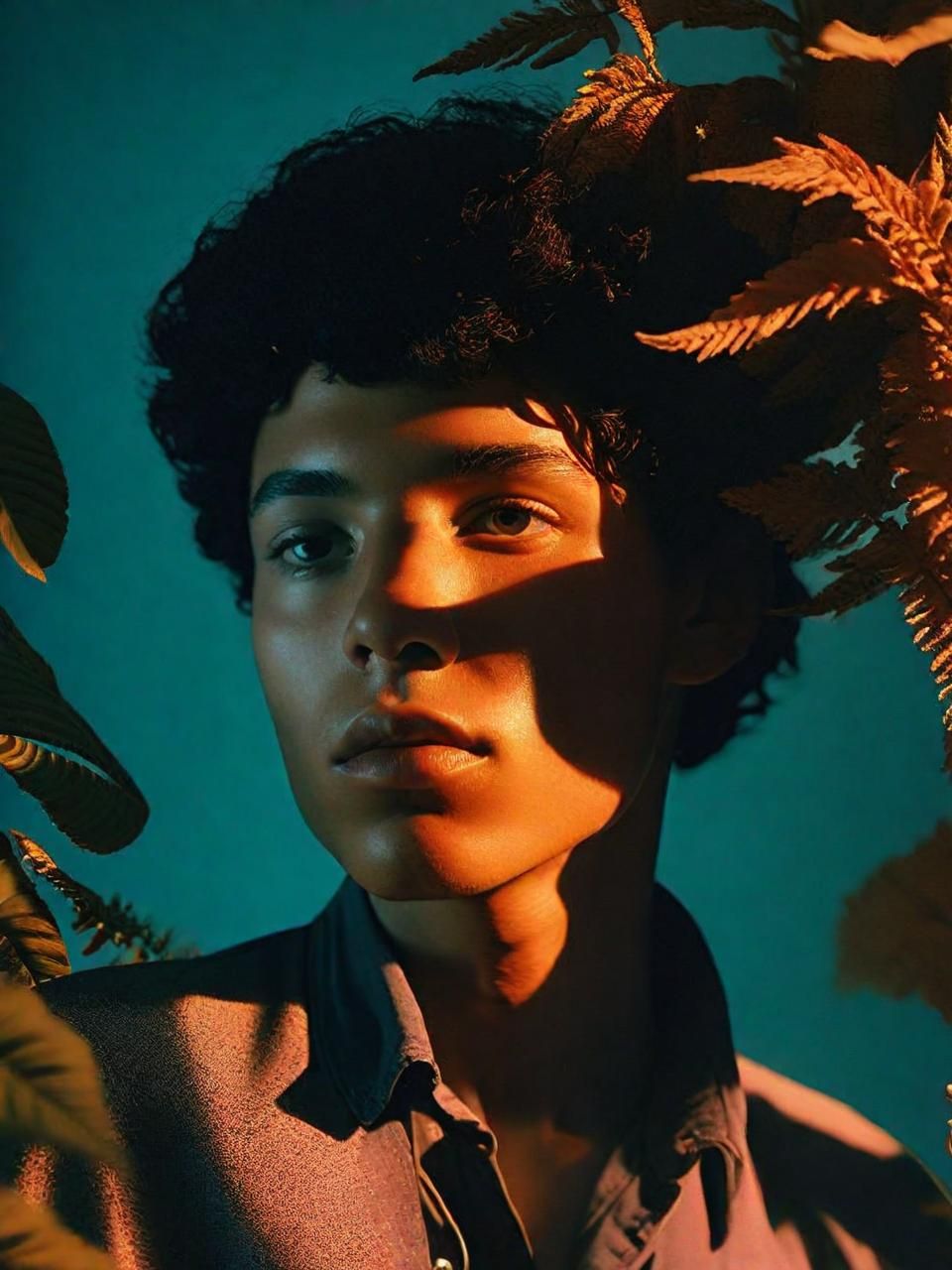 a young man is standing in front of some plants