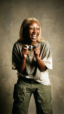 a woman is holding a camera and smiling
