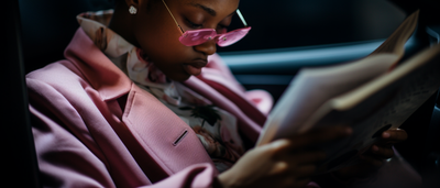 a woman in a car reading a paper