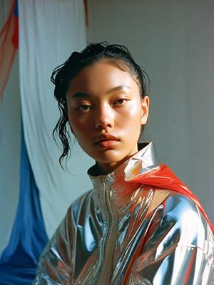 a woman in a shiny silver jacket posing for a picture