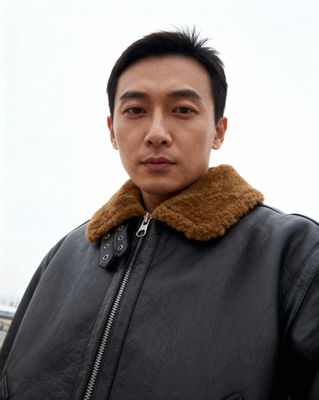 a man in a black jacket with a brown collar