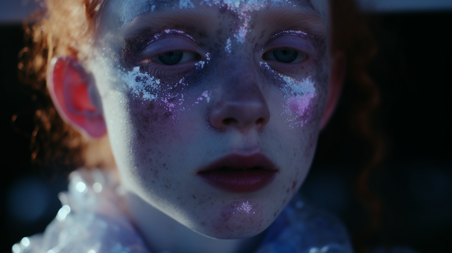 a girl with freckles on her face is looking at the camera