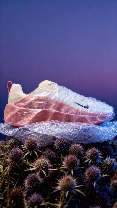 a pair of nike sneakers sitting on top of a plant