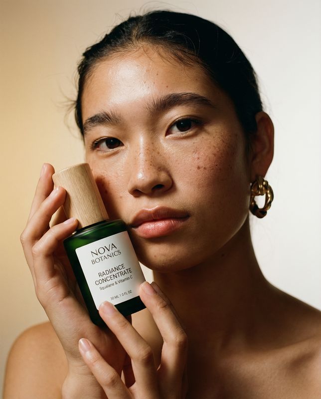 a woman holding a bottle of skin care product