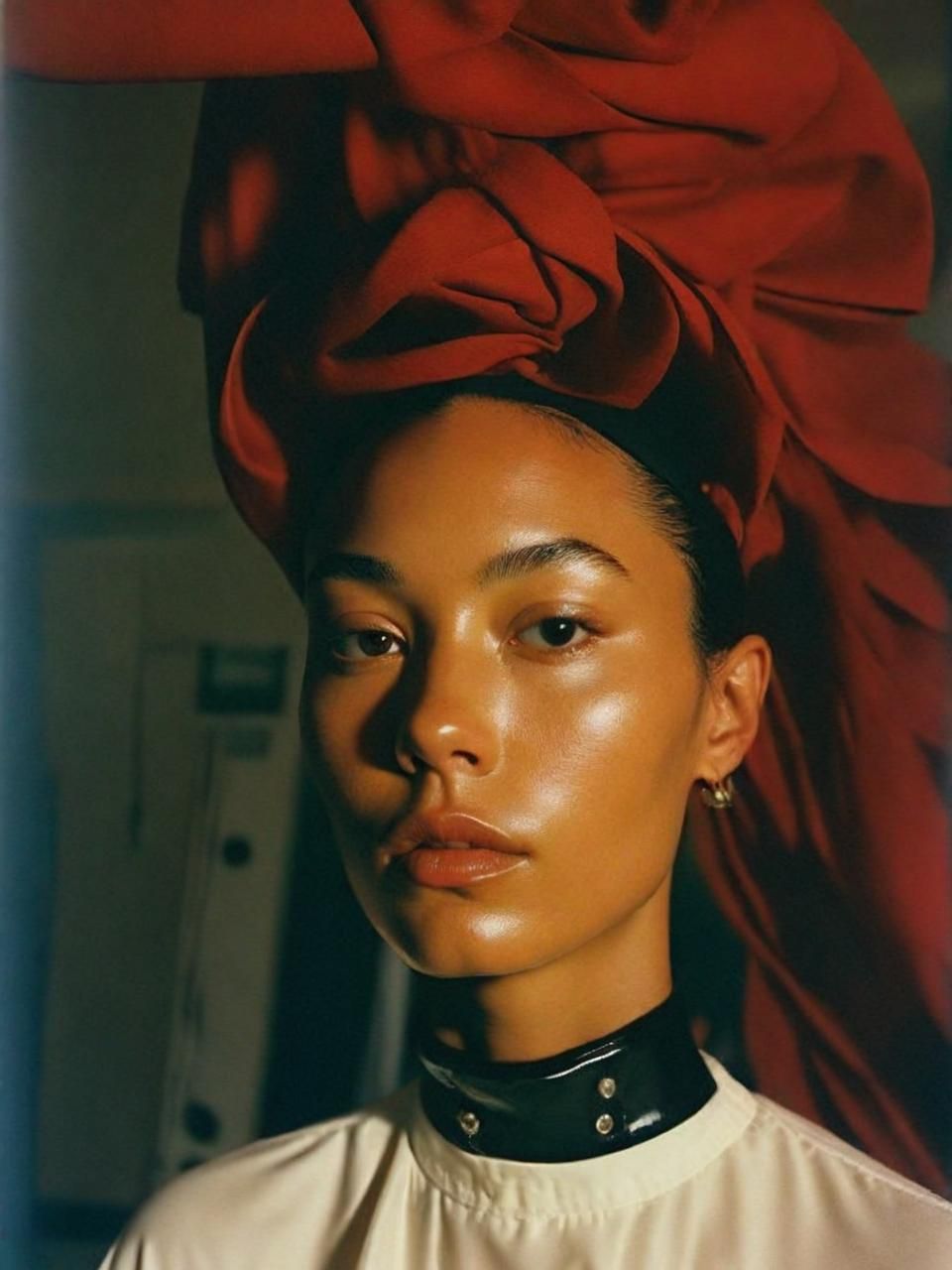 a woman with a red scarf on her head