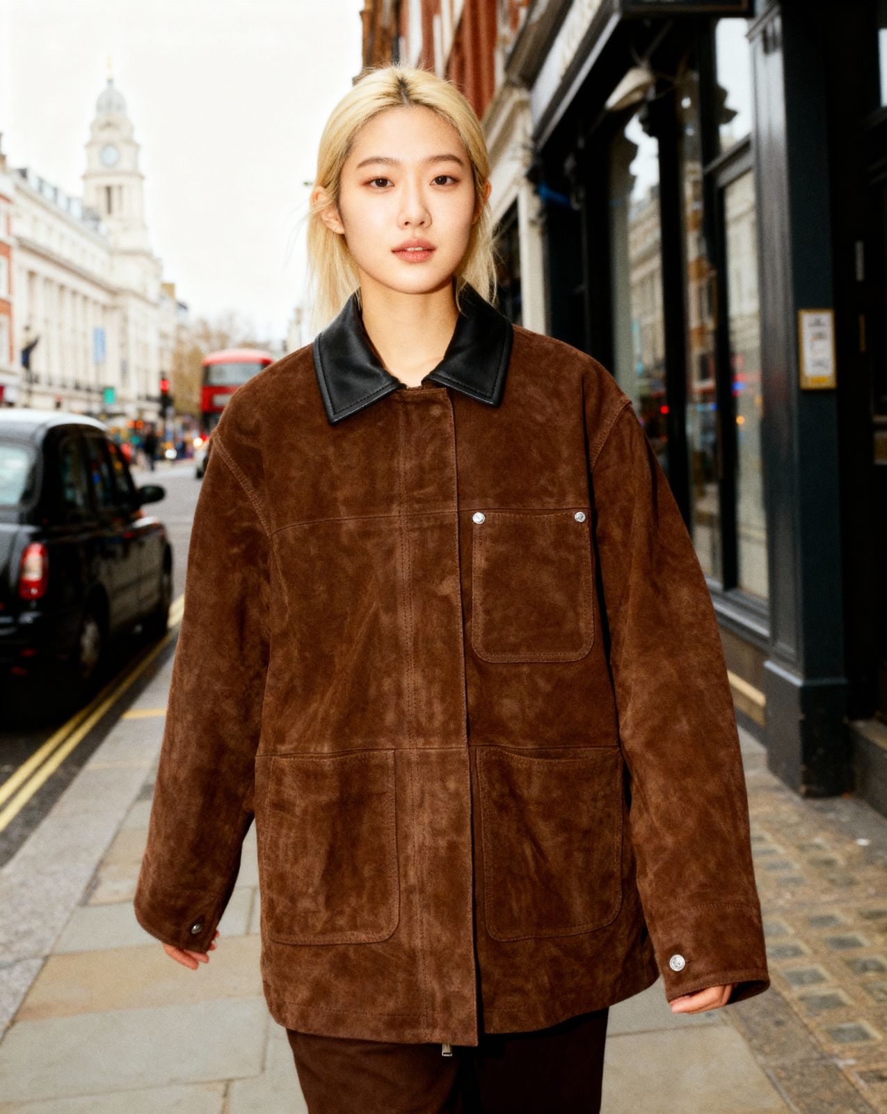 a woman walking down a street next to a tall building