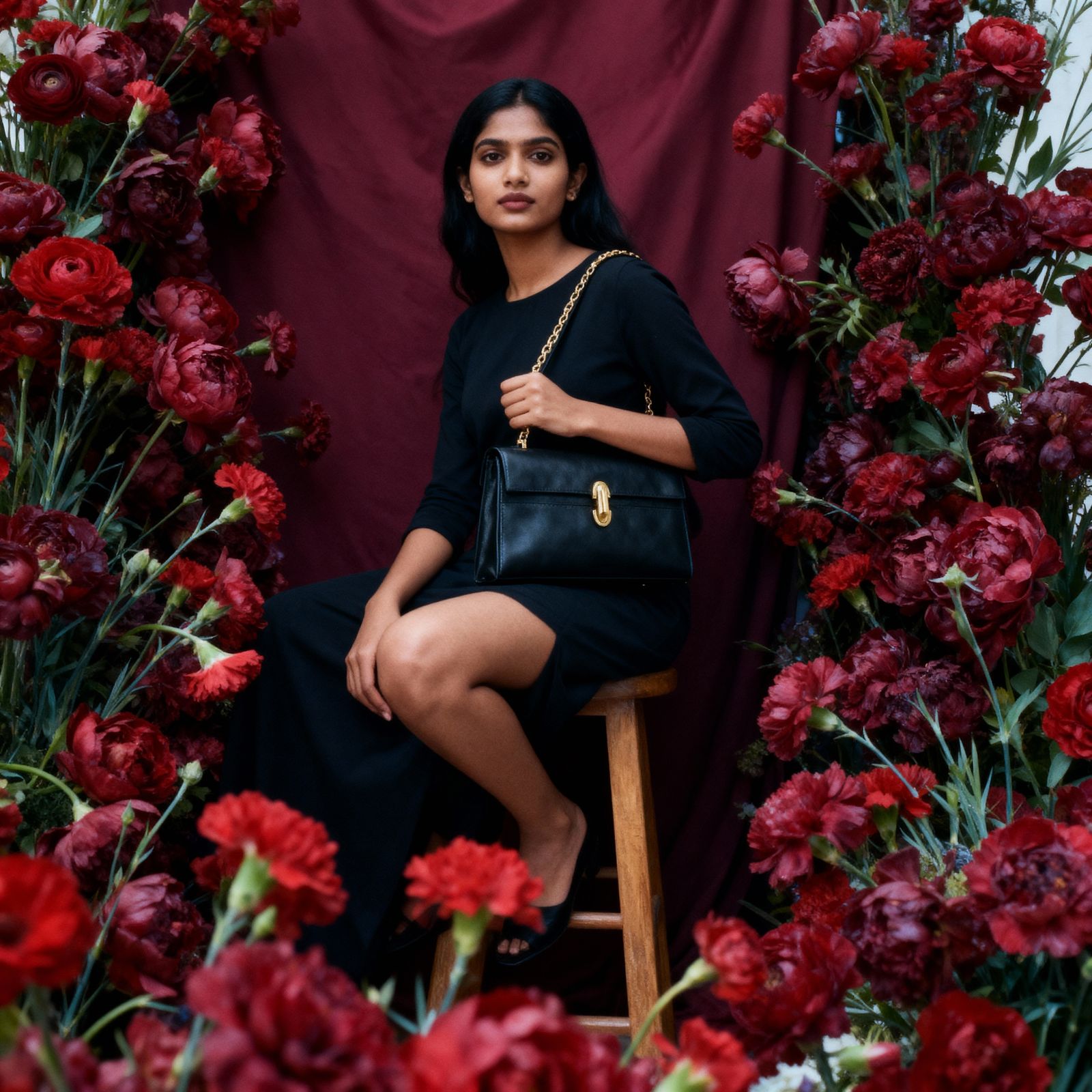 a woman sitting on a stool in front of flowers