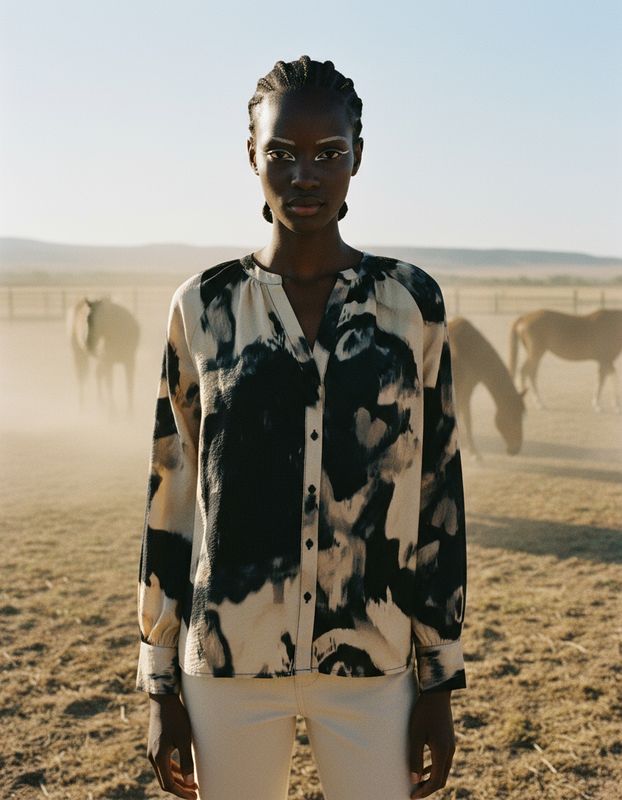 a woman standing in front of a herd of horses