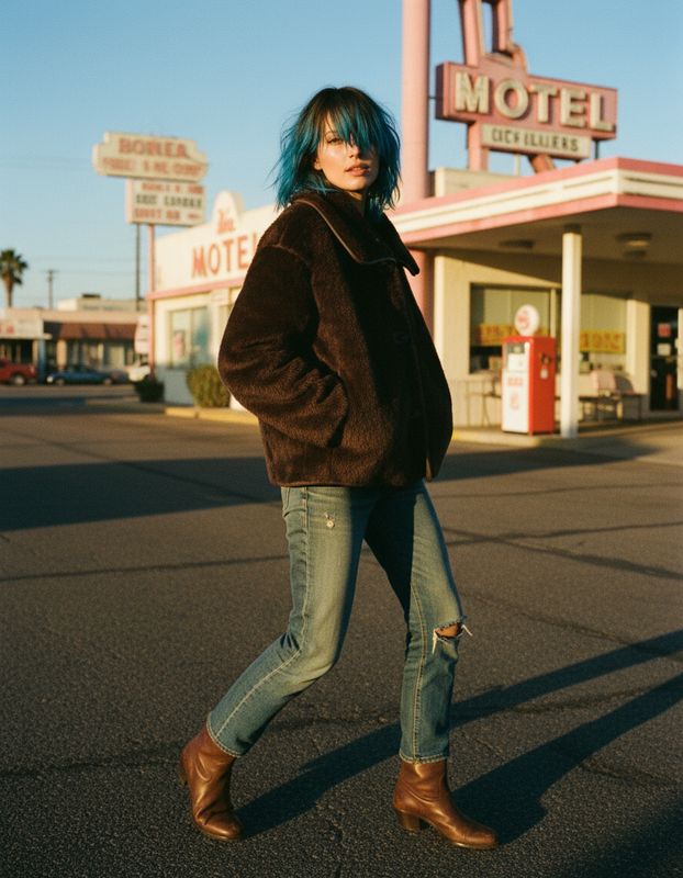 a woman with blue hair is walking down the street