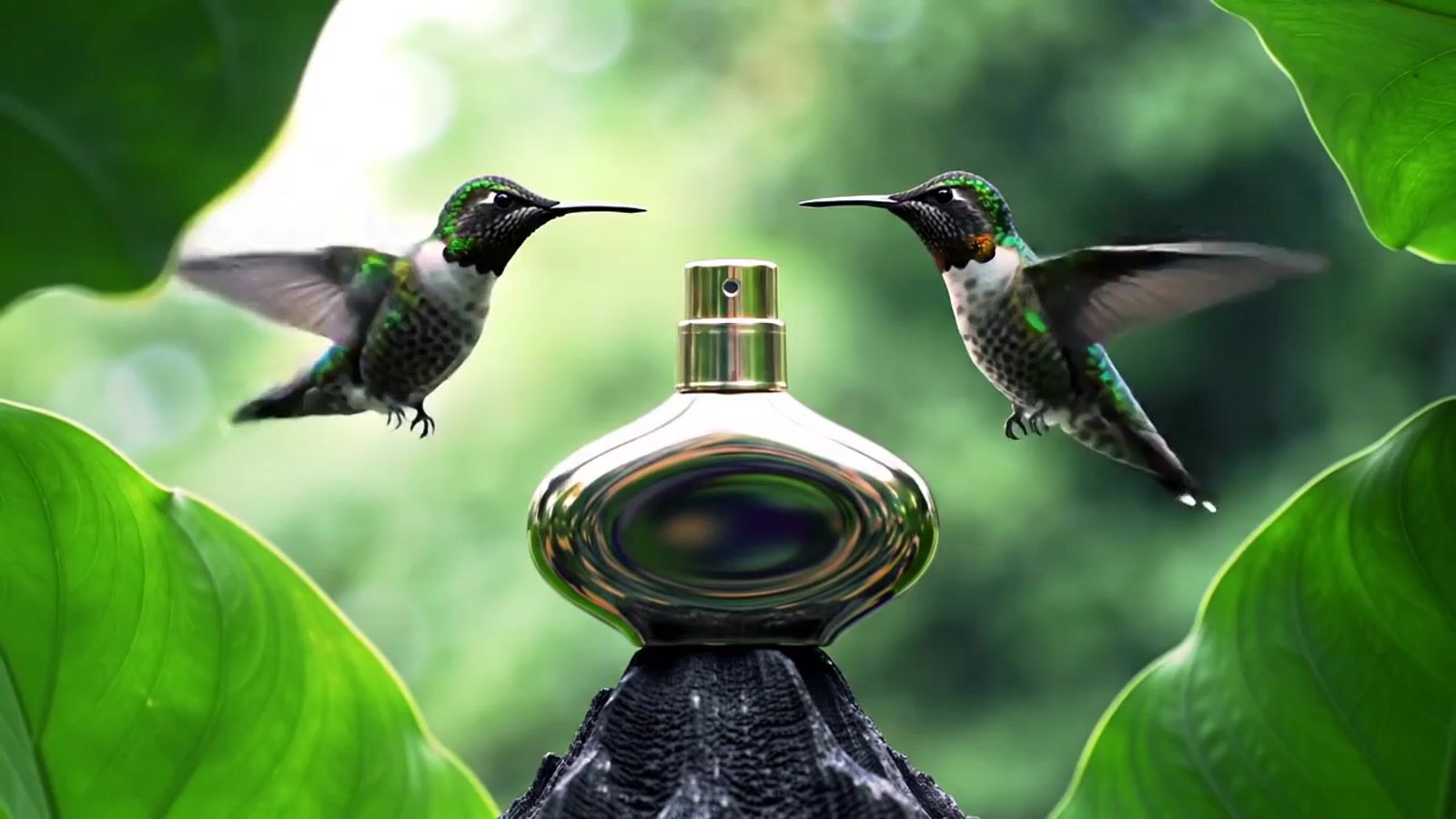 a couple of birds flying over a bottle