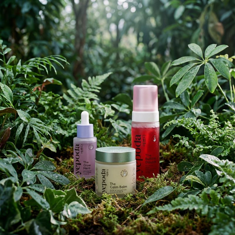 three bottles of skin care sitting in the middle of a forest