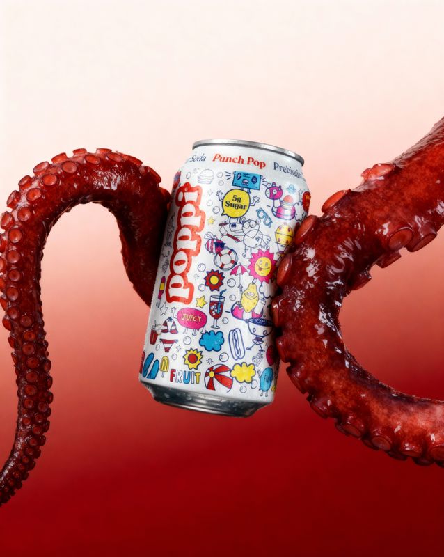 a can of soda with an octopus sticking out of it