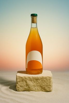 a bottle of orange juice sitting on top of a rock