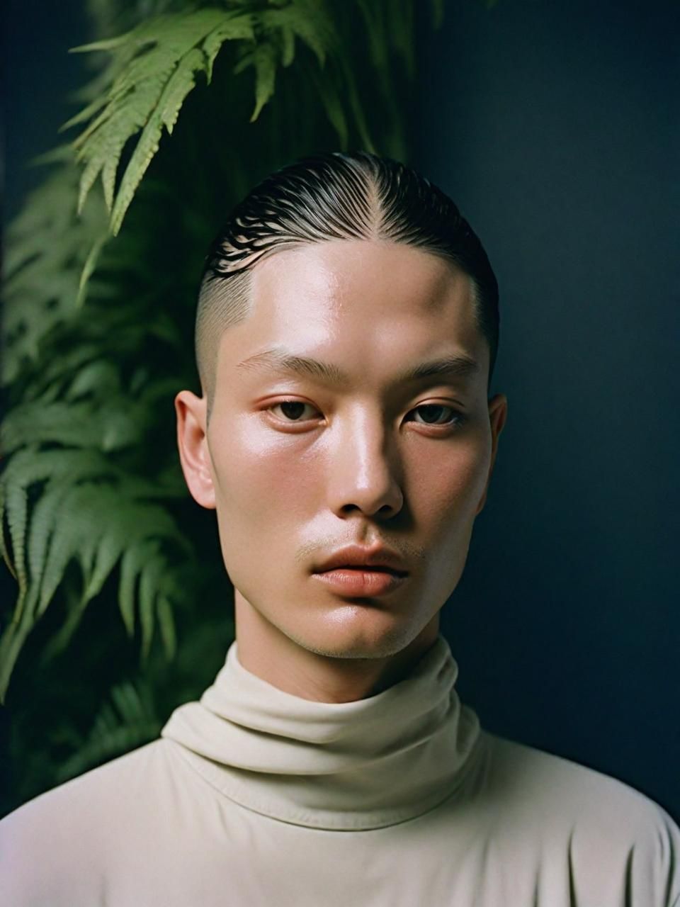 a man with a shaved head standing in front of a plant