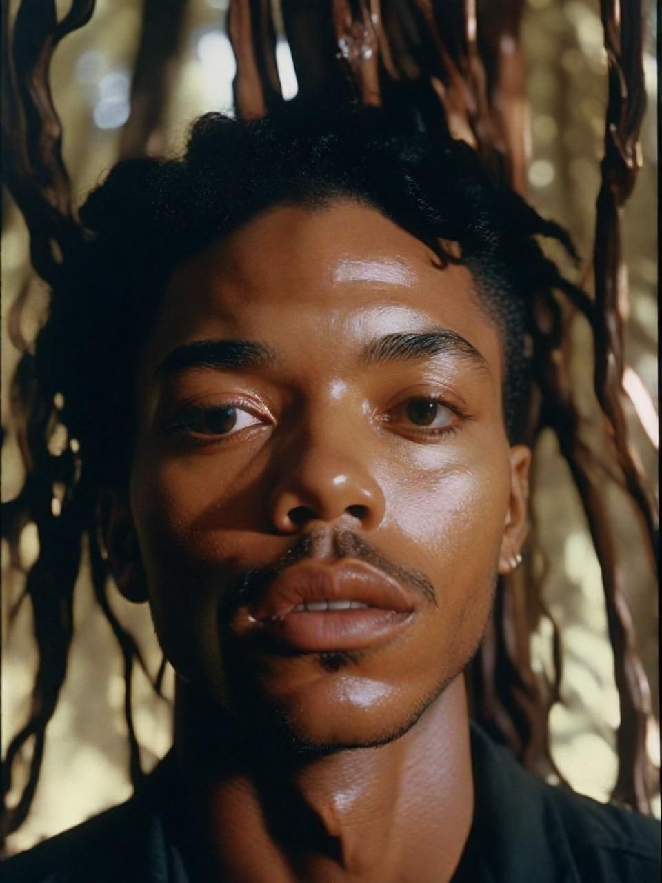 a close up of a person with dreadlocks