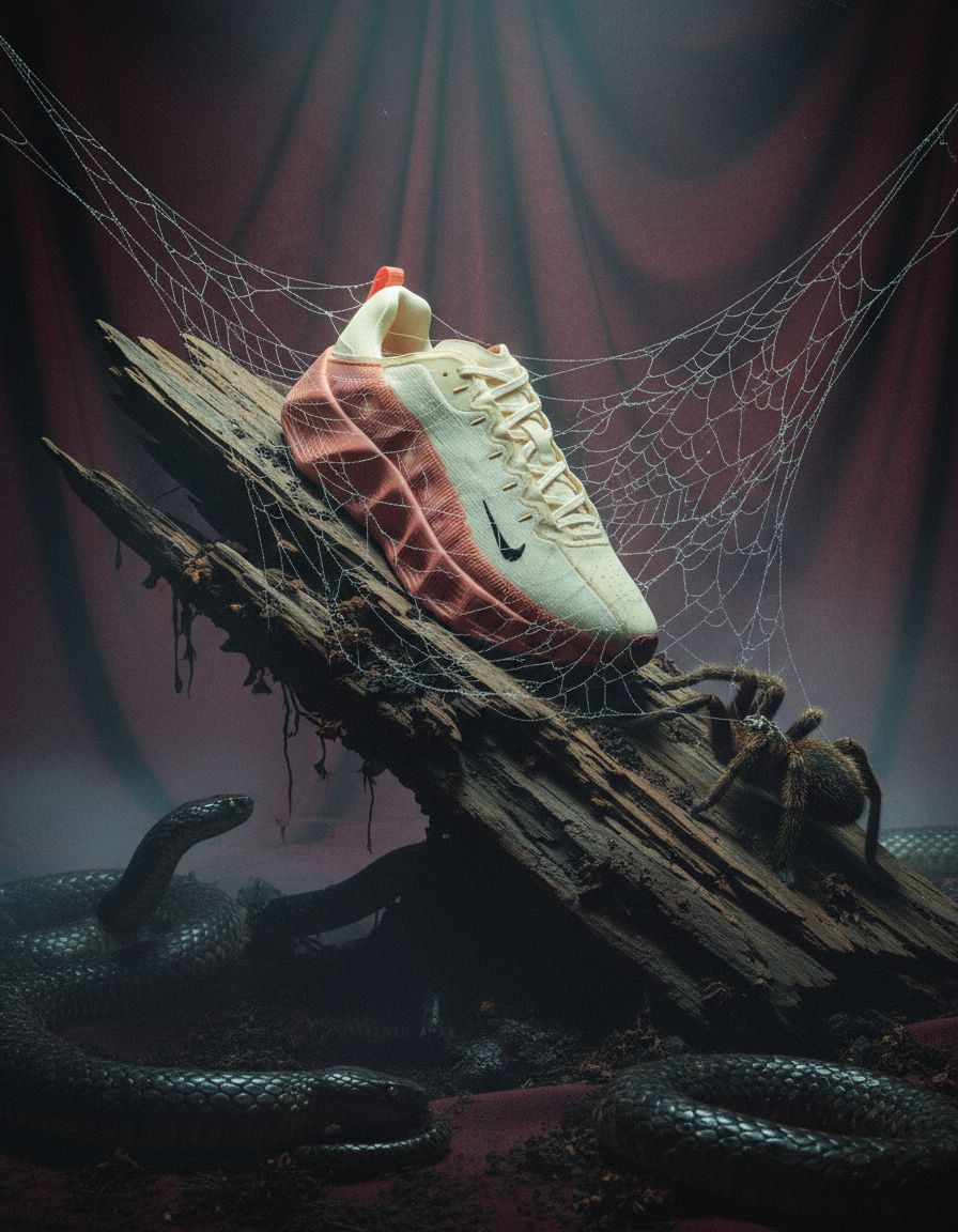 a pair of sneakers sitting on top of a piece of wood
