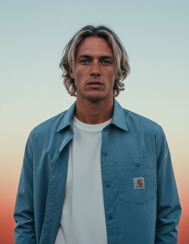 a man with long hair wearing a blue jacket