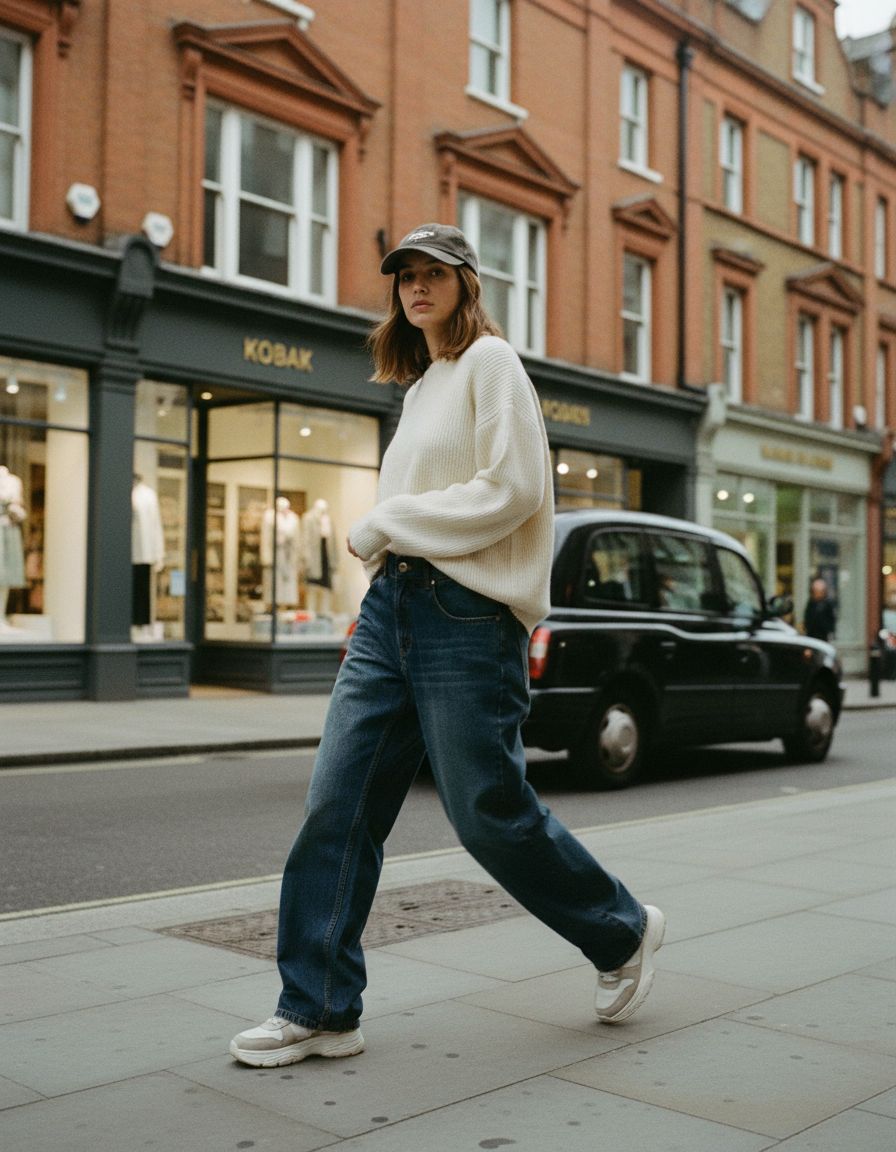 a woman walking down the street in a white sweater and jeans