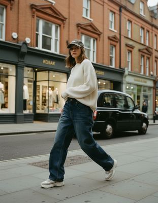 a woman walking down the street in a white sweater and jeans