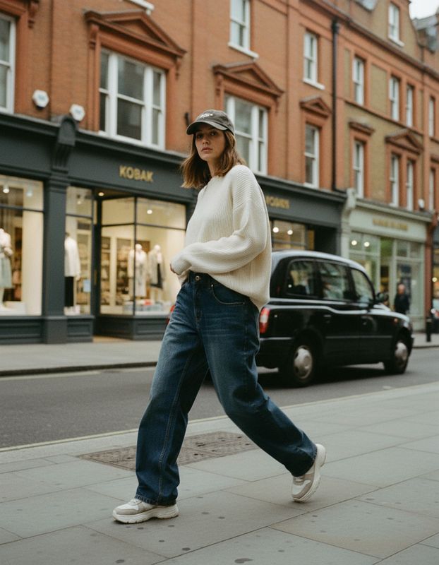 a woman walking down the street in a white sweater and jeans