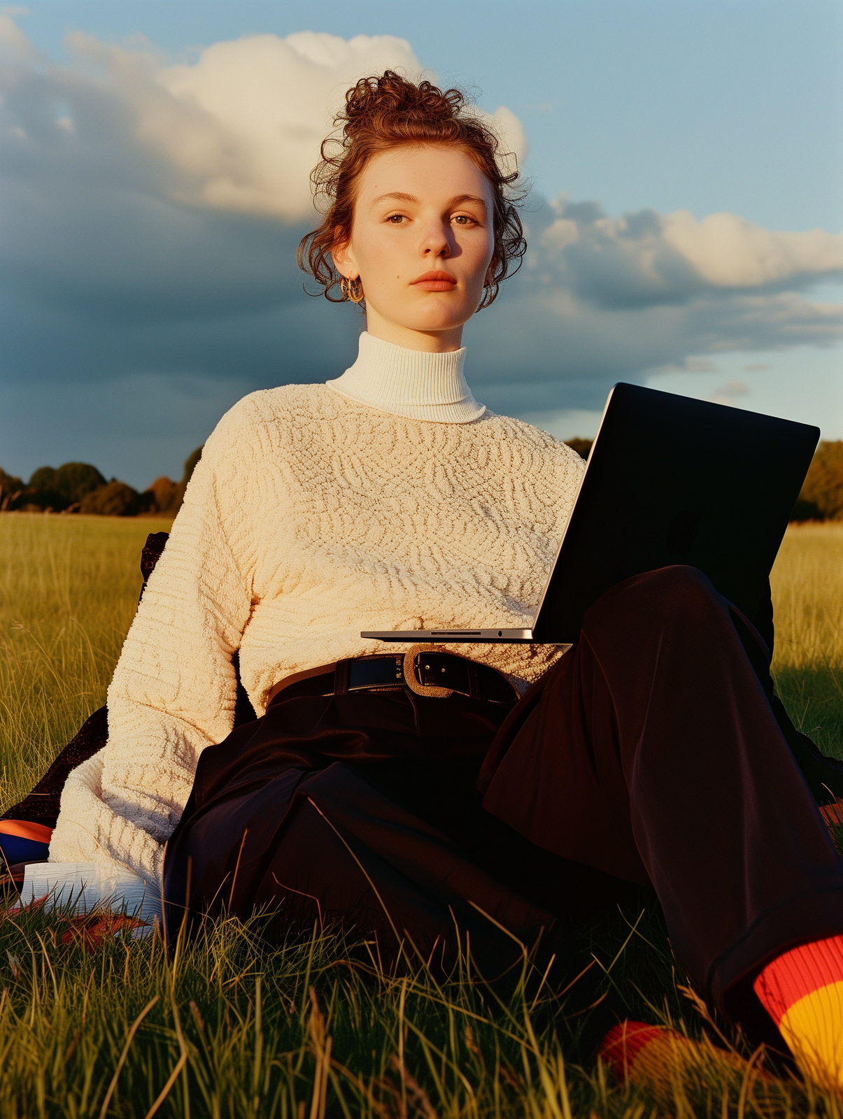 a woman sitting in the grass with a laptop