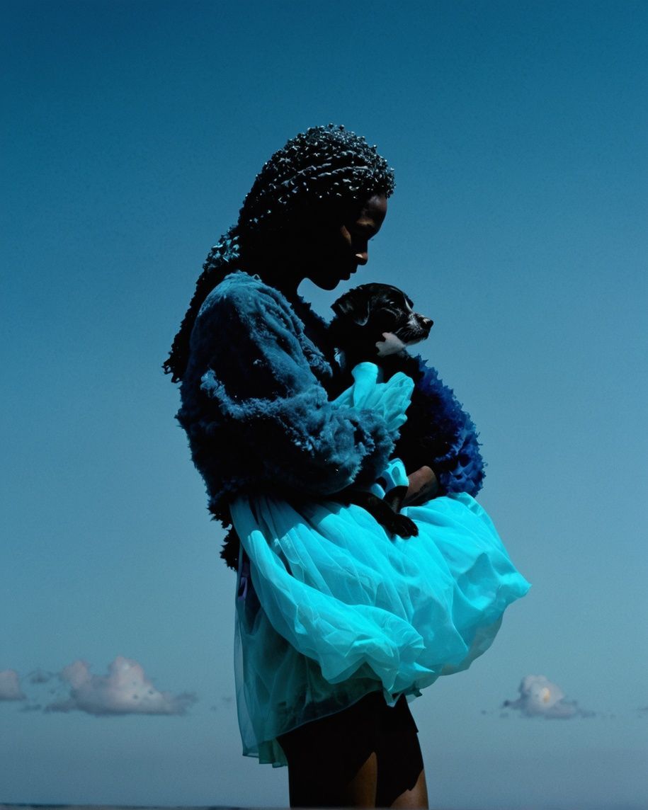a woman in a blue dress holding a black dog