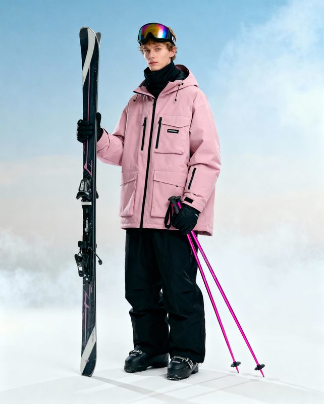 a woman in a pink jacket holding a ski and a pair of skis