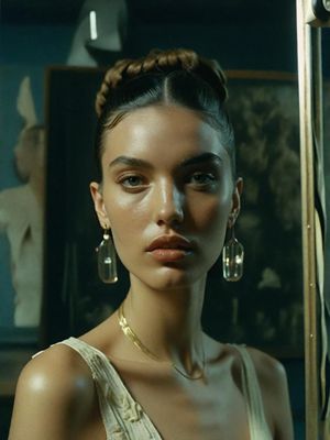 a woman in a white dress with large earrings