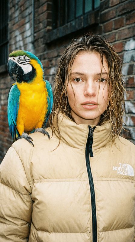 a woman holding a parrot on her shoulders