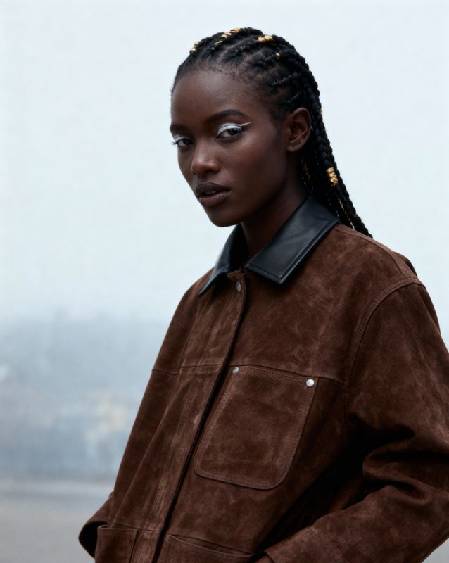 a woman with braids wearing a brown jacket