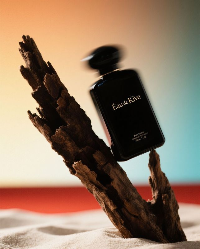 a bottle of perfume sitting on top of a tree branch