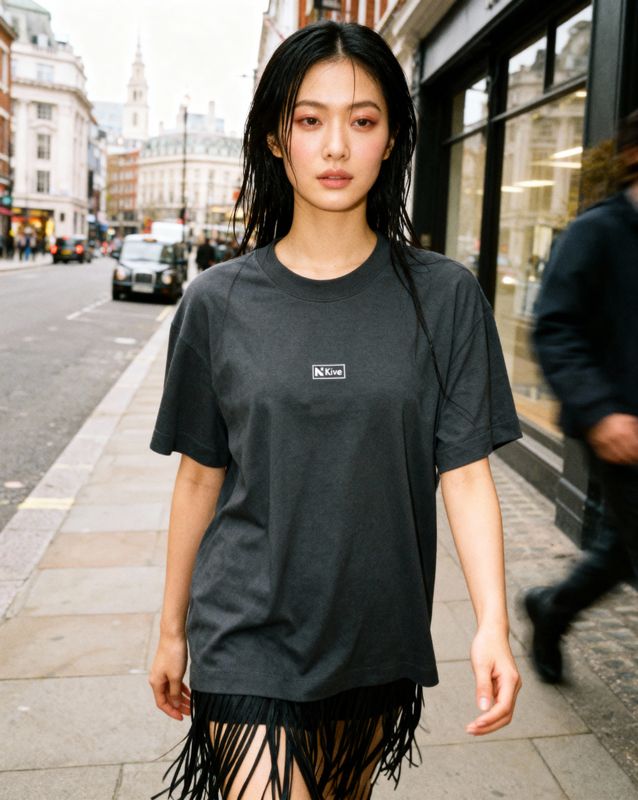 a woman walking down a street next to a tall building
