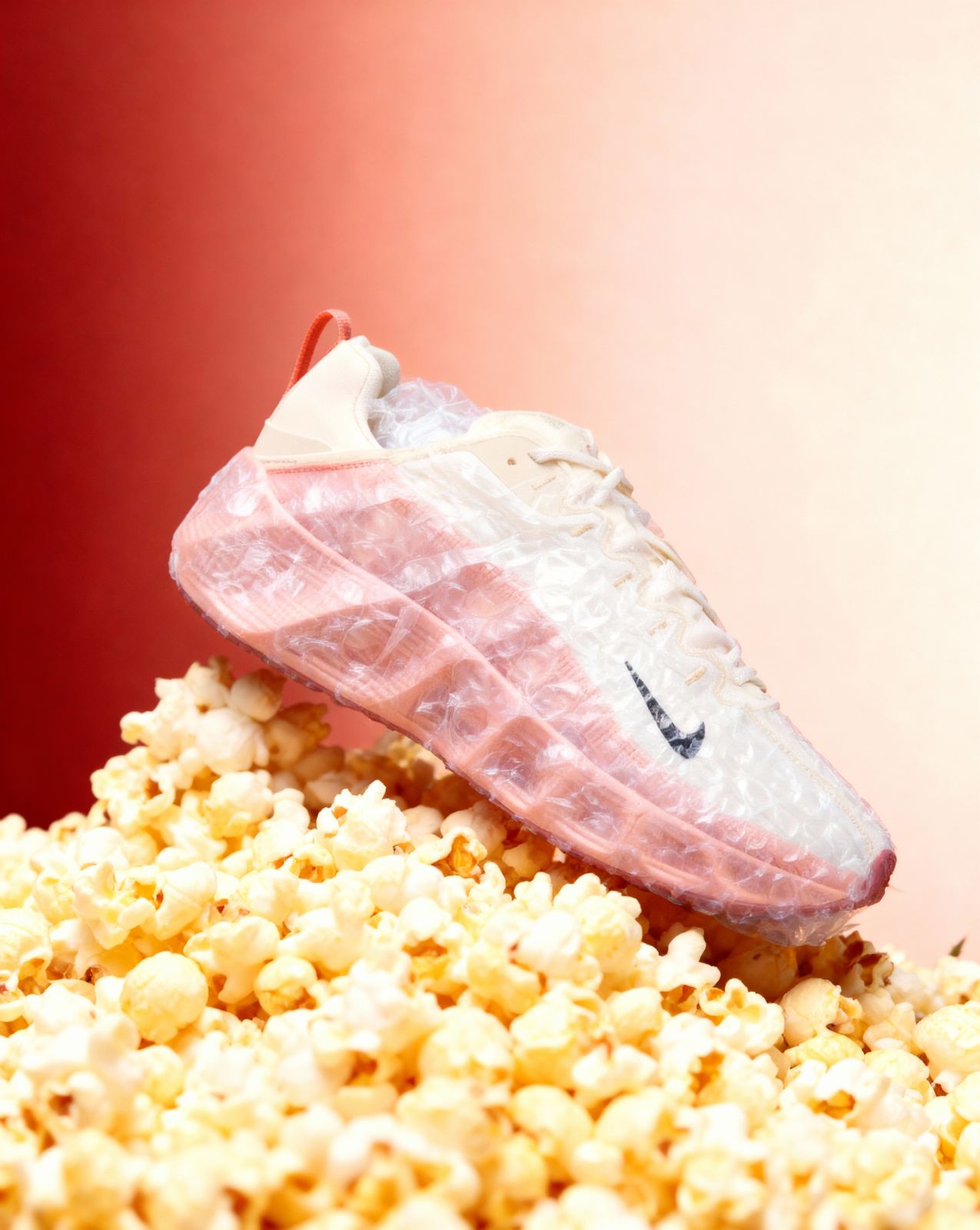 a pair of sneakers sitting on top of a pile of popcorn