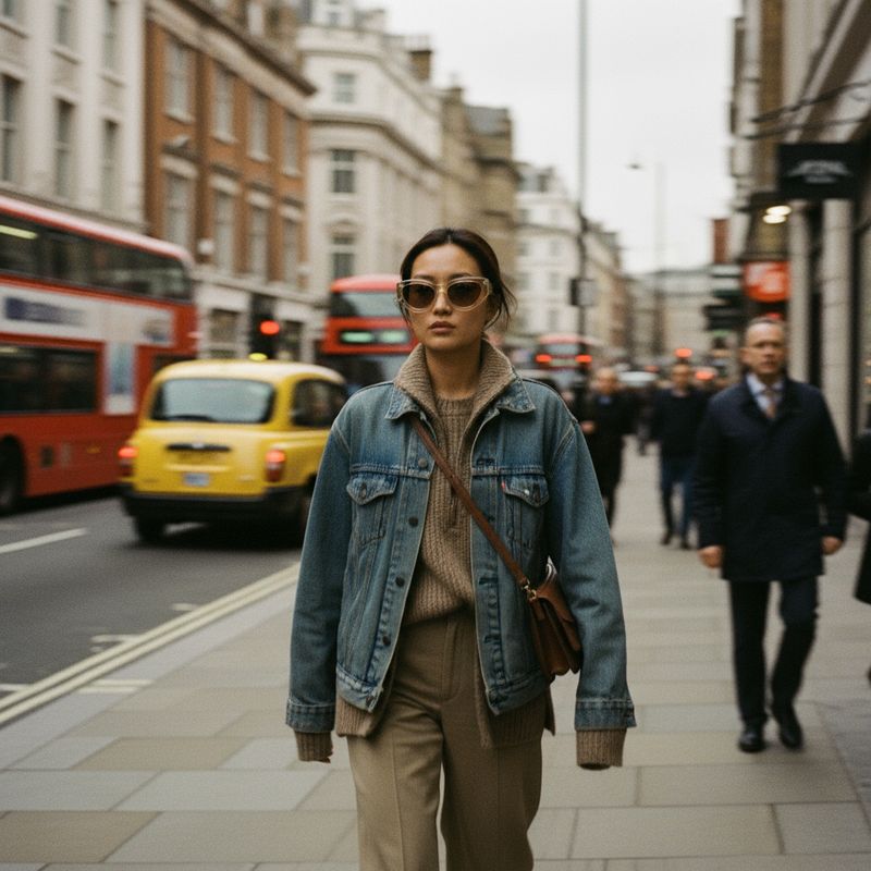 a woman walking down the street in a denim jacket