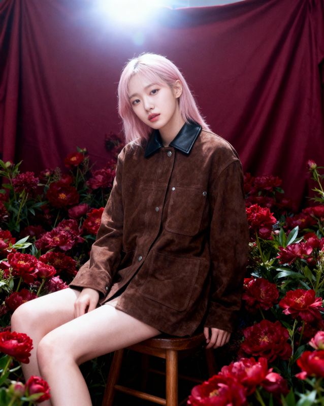 a woman sitting on a stool in front of flowers