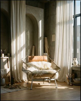 a living room with a chair and a window