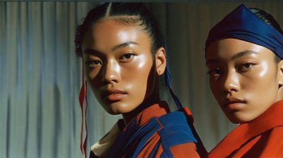 two asian women in orange and blue outfits