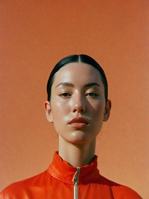 a woman in an orange jacket with her eyes closed