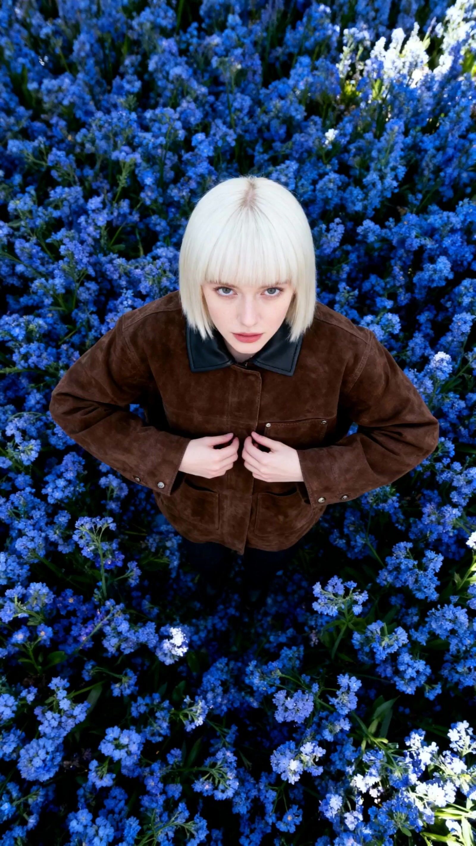 a woman standing in a field of blue flowers