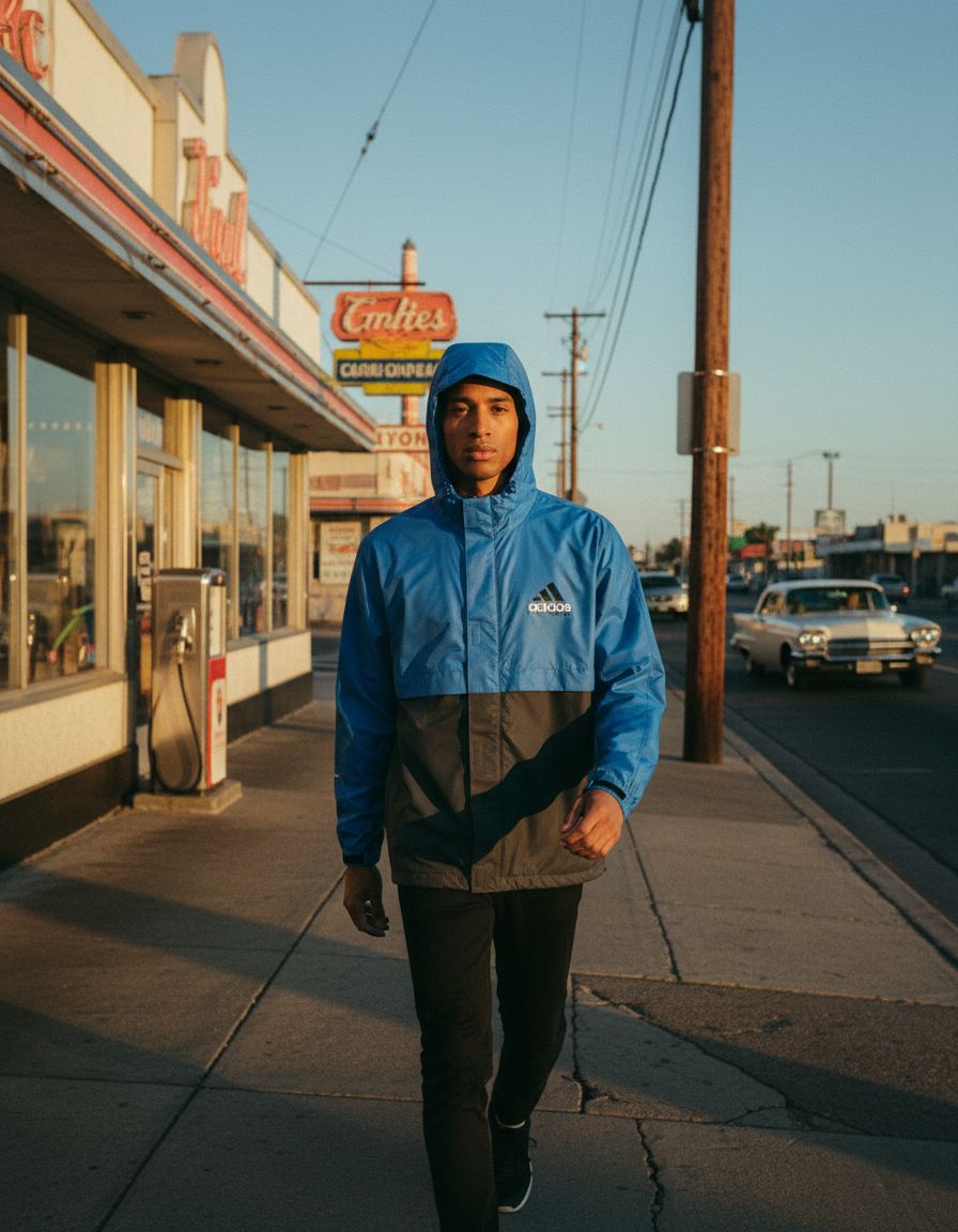 a man in a blue jacket walking down a sidewalk