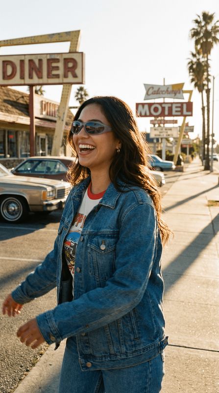 a woman walking down the street in front of a motel