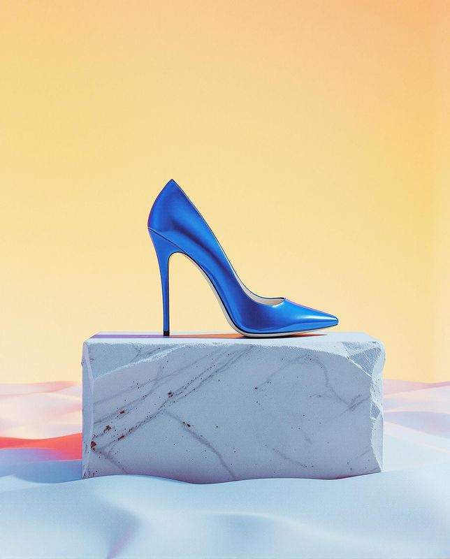 a blue high heeled shoe sitting on top of a marble block