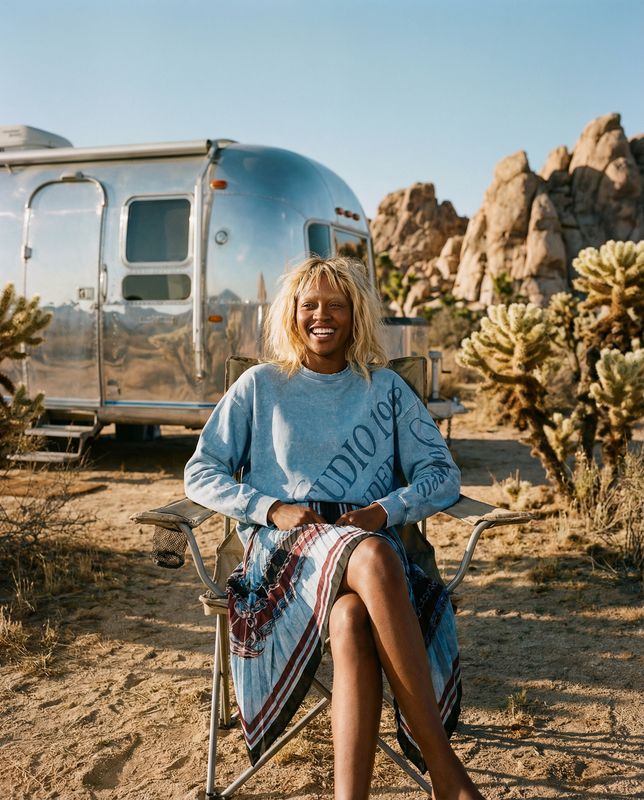 a woman sitting in a chair in front of a trailer